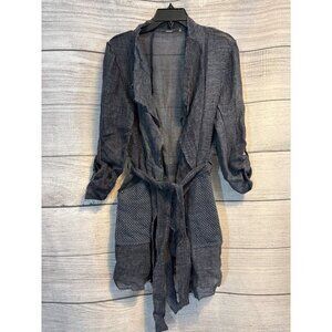 Elie Tahari Sheer Linen Long Cardigan With Textured Pockets & Belt